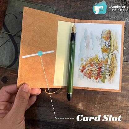 	Pos 3: Artist sketching in vintage kraft paper traveler's notebook