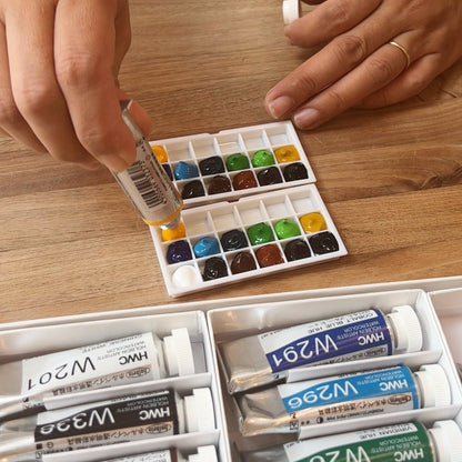 Magnetic Watercolor Travel Palette | 16/18 Hand-Filled Holbein Colors with Ceramic Mixing Surface & Metal Tin