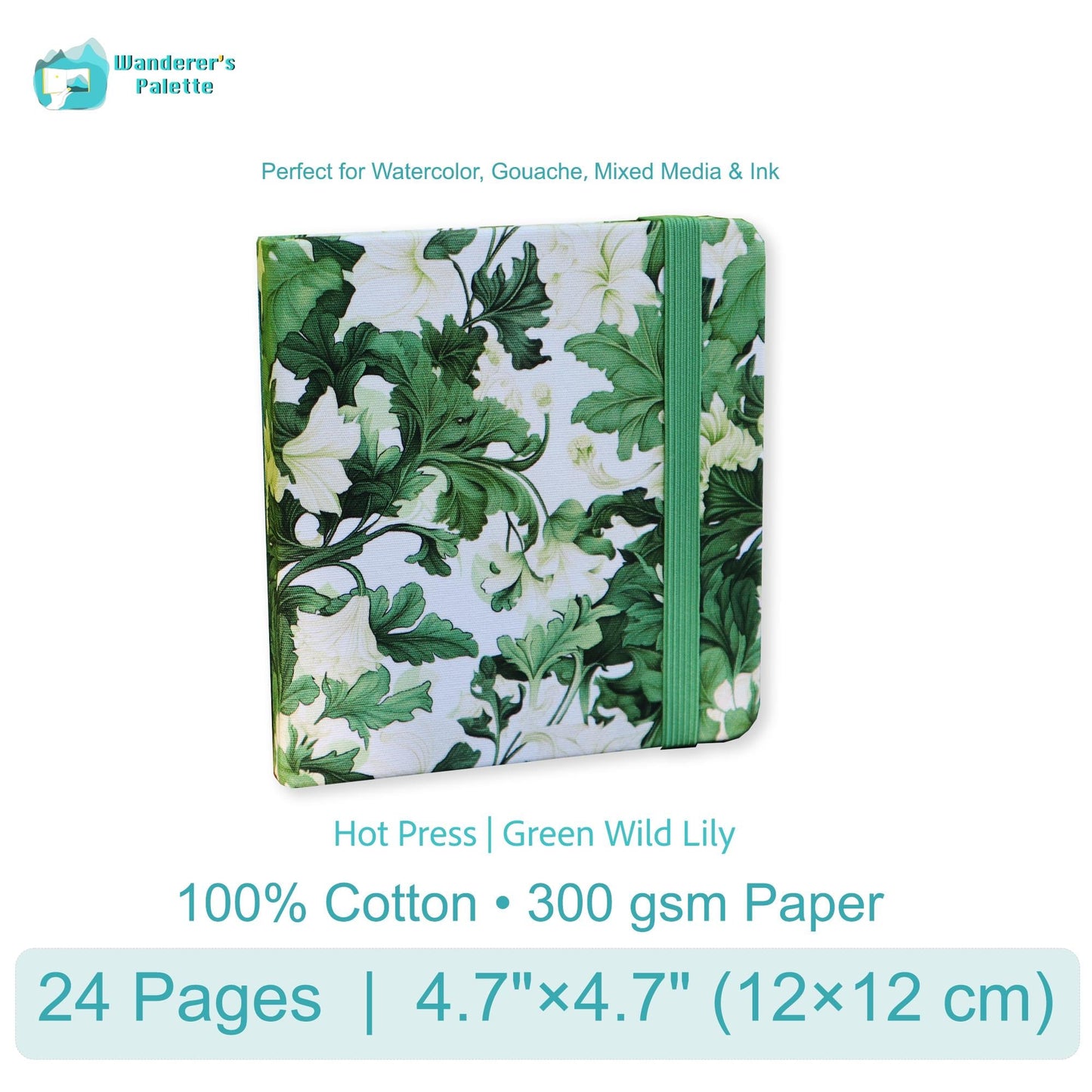 Notebook with floral design and green binding on a white background