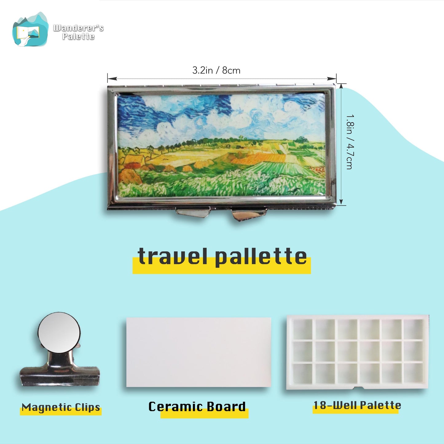 Magnetic Watercolor Travel Palette | 16/18 Hand-Filled Holbein Colors with Ceramic Mixing Surface & Metal Tin