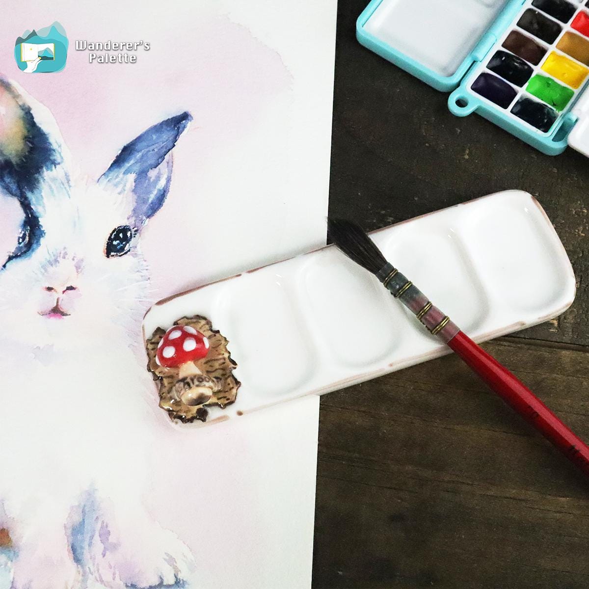 Handmade Ceramic Watercolor Mixing Palette | 5" Travel Size with Mushroom Detail, Artist Gift