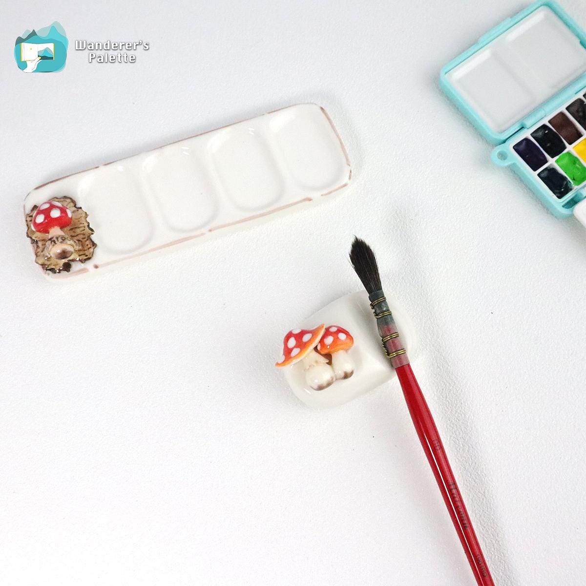 Handmade Ceramic Watercolor Mixing Palette | 5" Travel Size with Mushroom Detail, Artist Gift