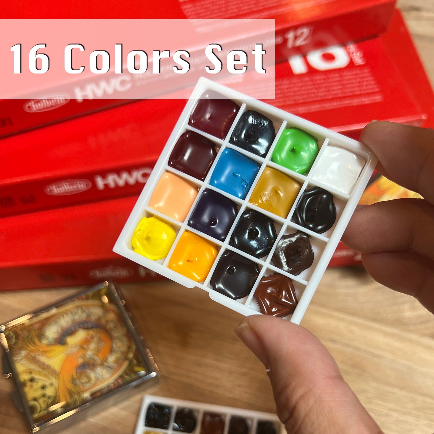 Magnetic Watercolor Travel Palette | 16/18 Hand-Filled Holbein Colors with Ceramic Mixing Surface & Metal Tin