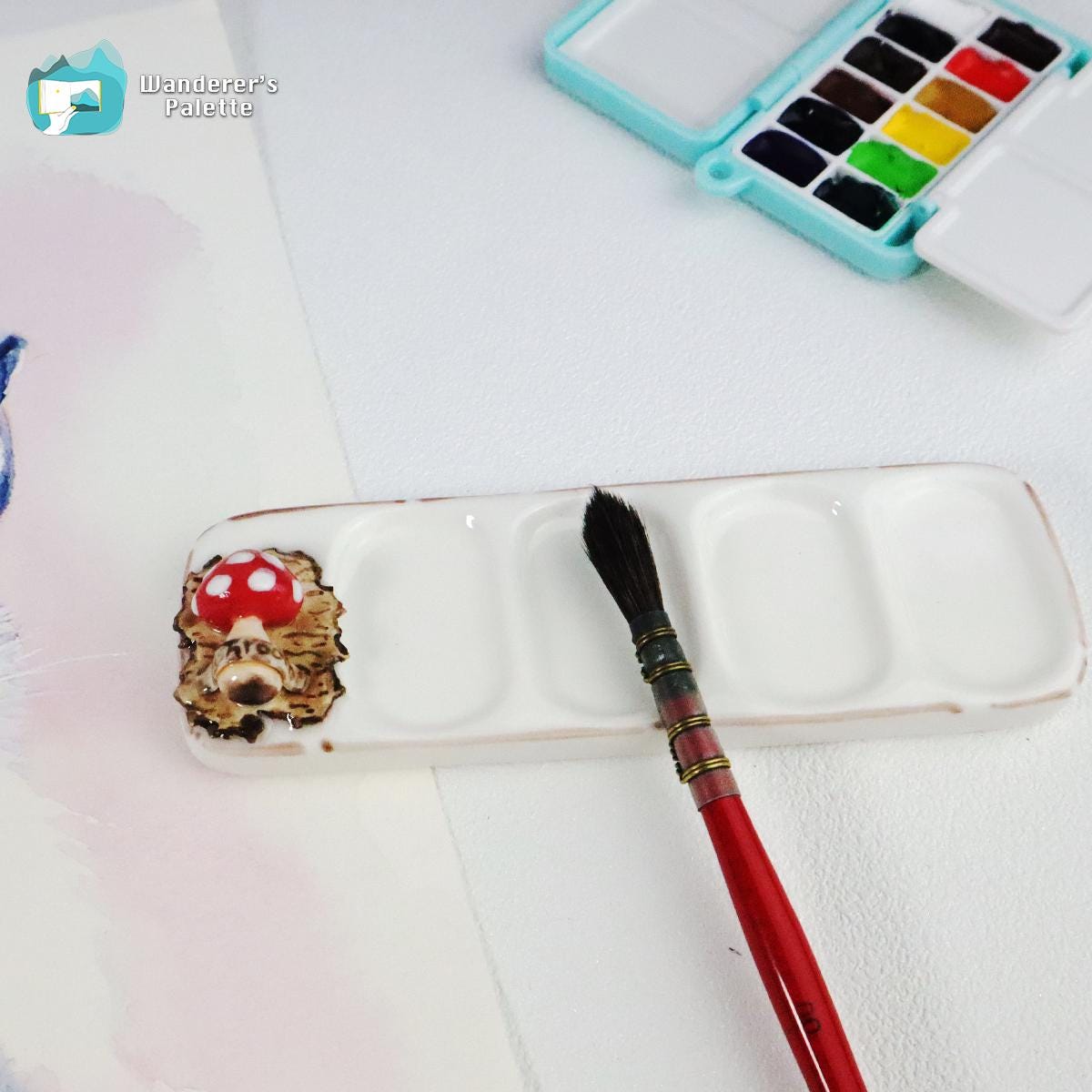 Handmade Ceramic Watercolor Mixing Palette | 5" Travel Size with Mushroom Detail, Artist Gift