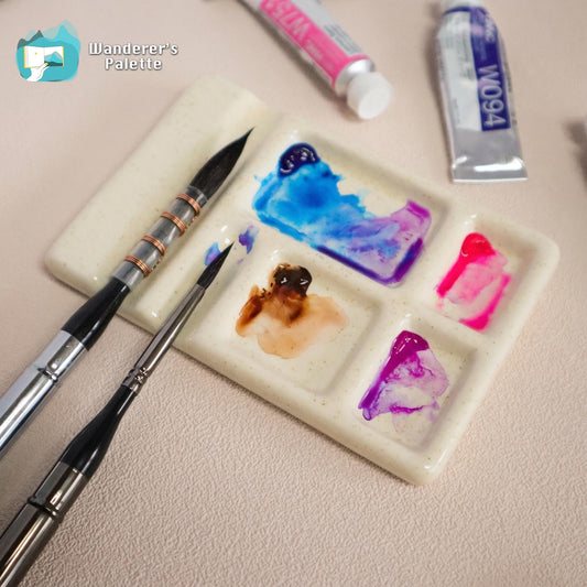 Ceramic Porcelain Mixing Tray with Integrated Brush Rest | 4-Well Watercolor Palette, Artist Gift