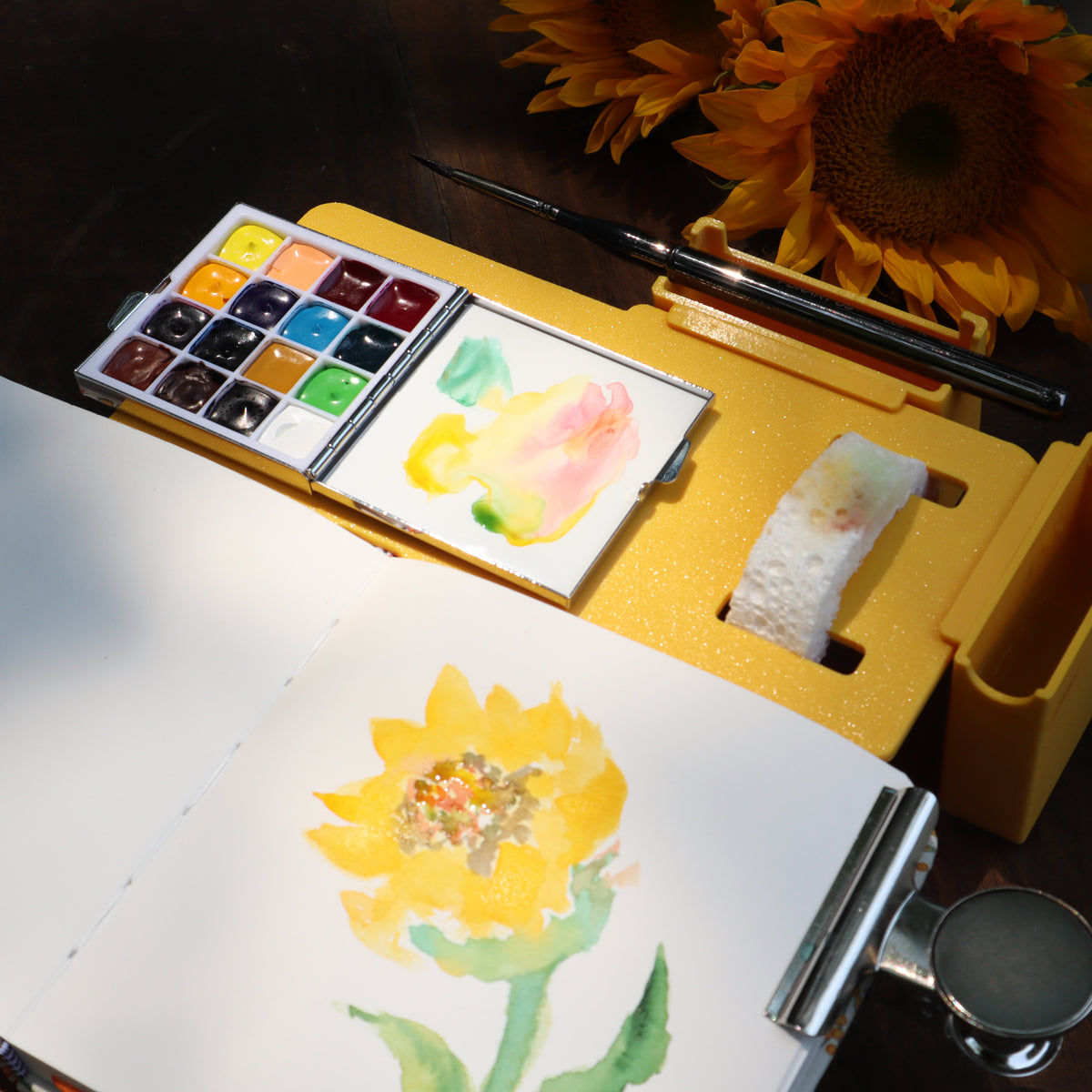 Gift for Artist ｜Sunflower Yellow Watercolor Travel Art Set | Plein Air Painting Set