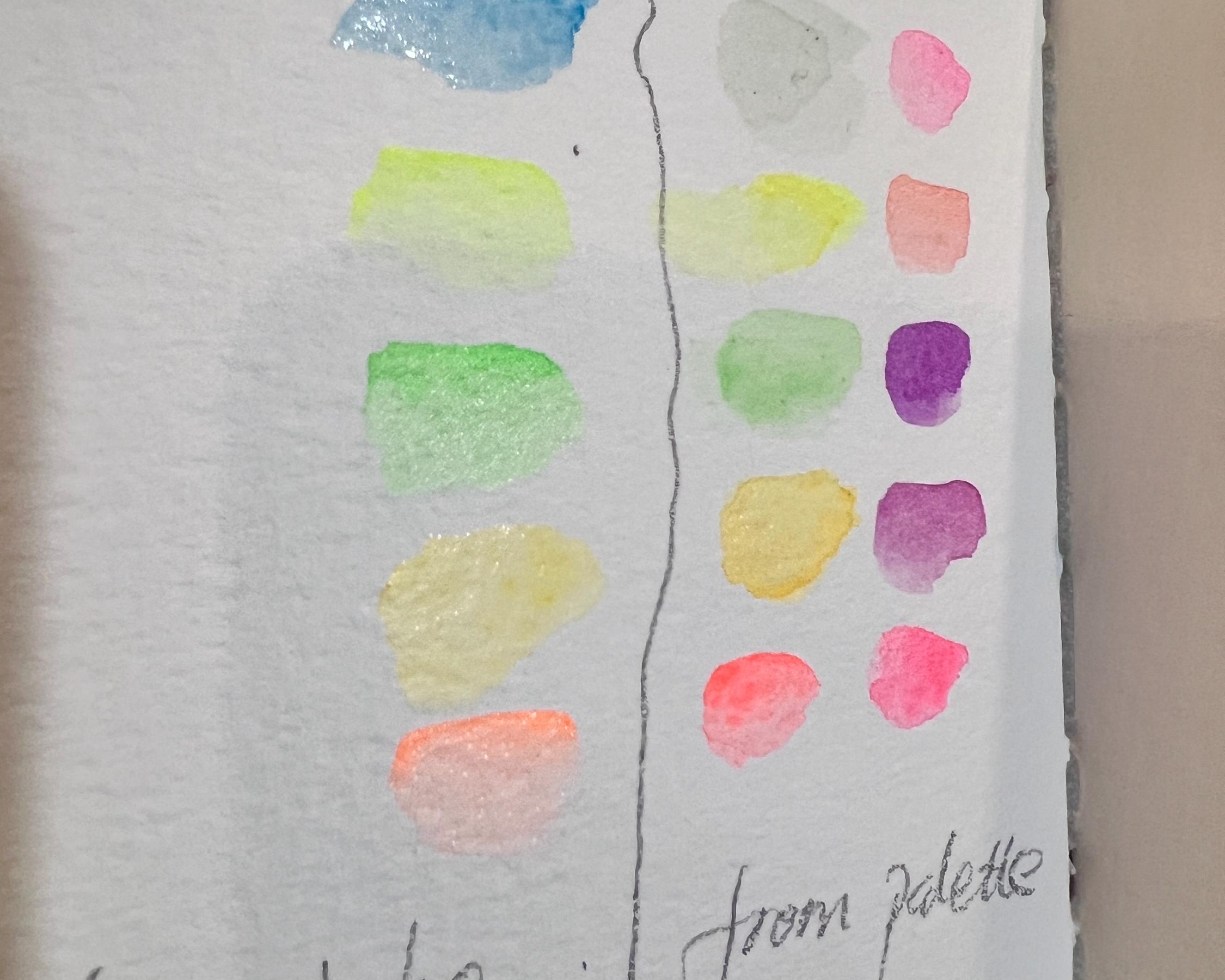 The same colors compared from fresh tubes and from the aged palette; the dried-palette swatches are weaker