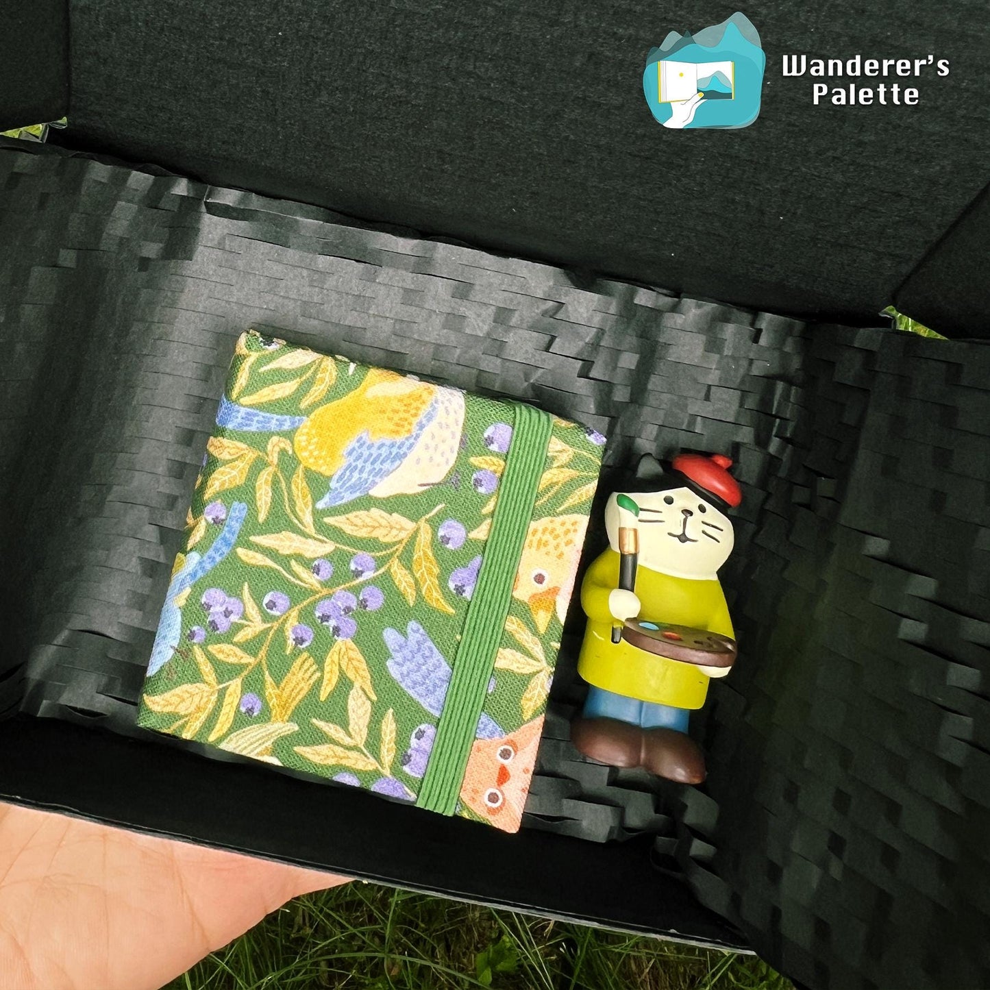 Mini Art Sketchbook Set with Artist Cat Figurine | Botanical Cover Travel Journal, Gift for Artists