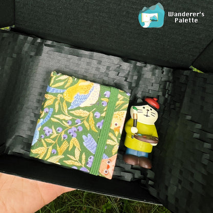 Mini Art Sketchbook Set with Artist Cat Figurine | Botanical Cover Travel Journal, Gift for Artists