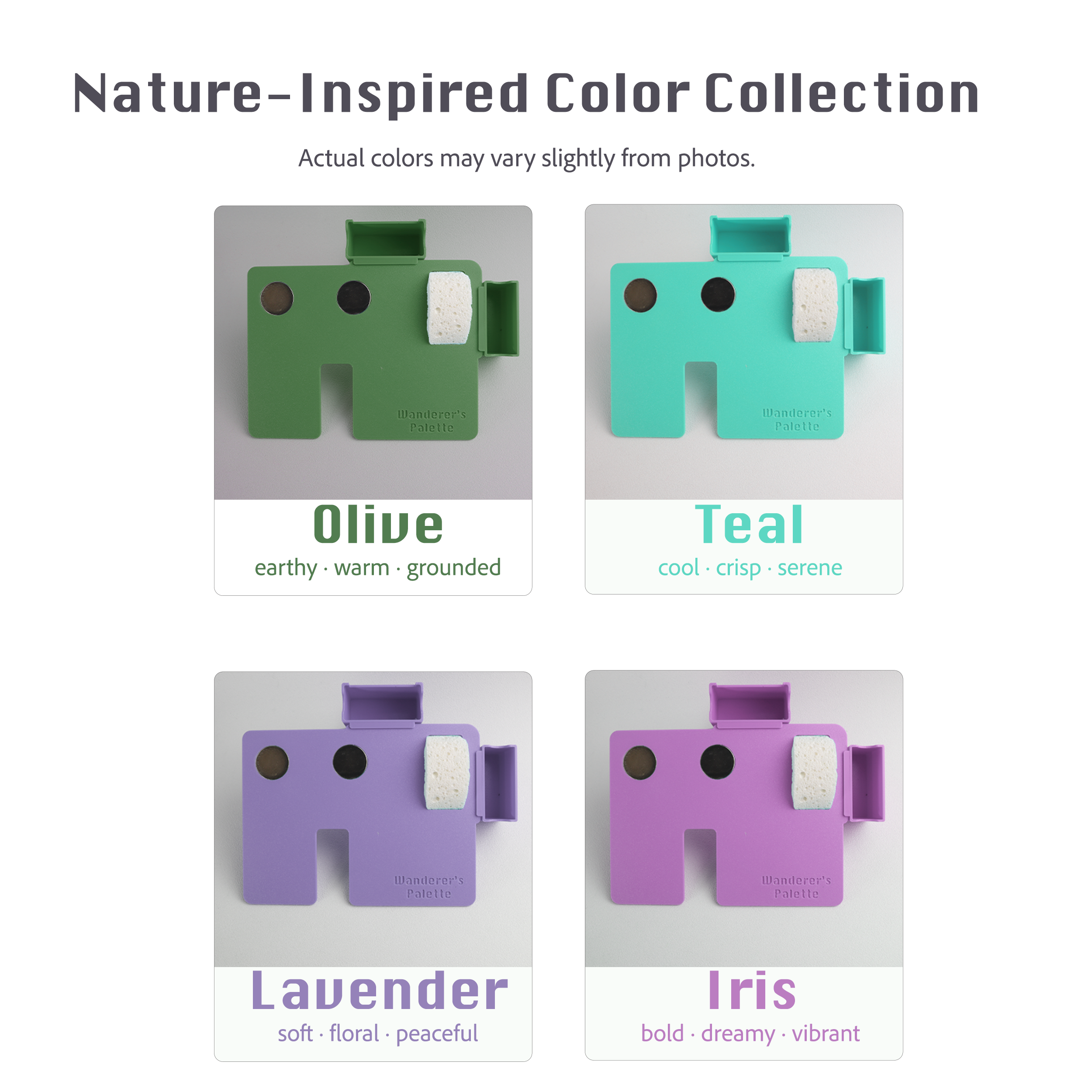 A color selection graphic for a small elephant-shaped clip or holder, showing four color variants labeled Olive, Teal, Lavender, and Iris on a white background with the heading 'Nature-Inspired Color Collection'.