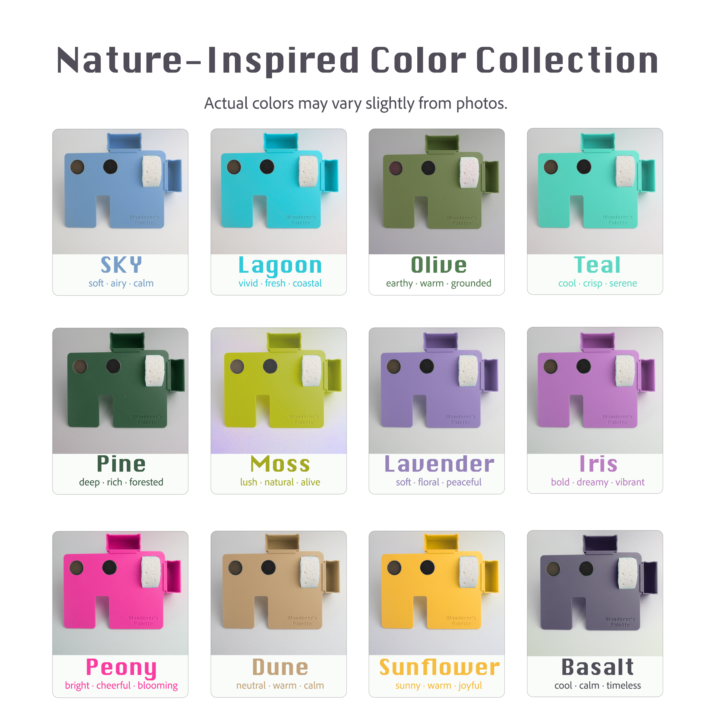 Personalized Plein Air Watercolor Board ｜ Palette Adapter | Choose Your Color & Custom Text ｜ Gift for Artist A color options chart for a nature-inspired  , showing 12 different color variants labeled with names like Sky, Lagoon, Olive, Teal, Pine, Moss, Lavender, Iris, Peony, Dune, Sunflower, and Slate. Each variant includes a small elephant-shaped product photo and a descriptive color label.