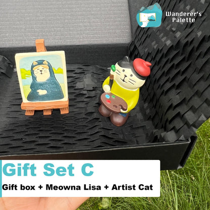 Mini Art Sketchbook Set with Artist Cat Figurine | Botanical Cover Travel Journal, Gift for Artists