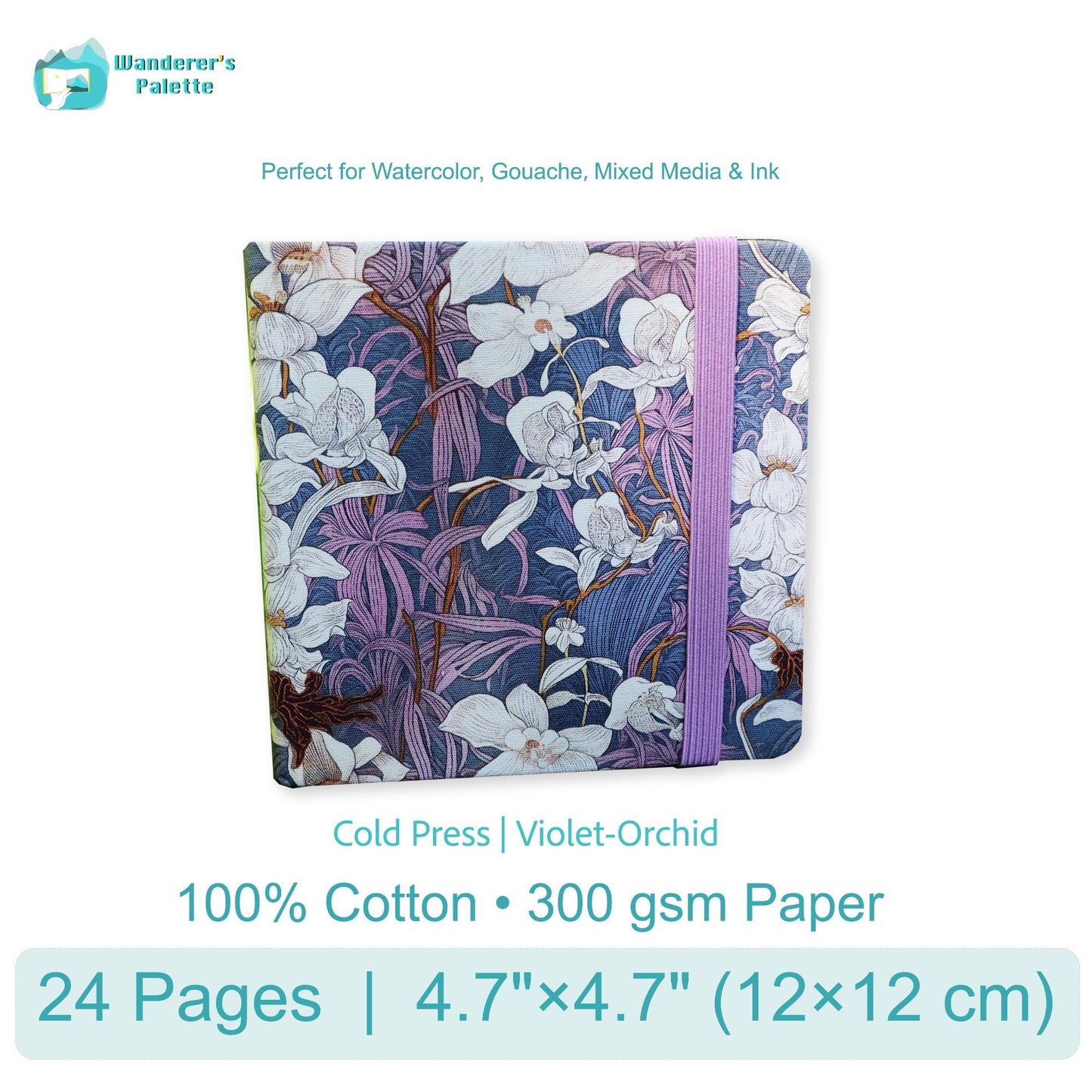 Professional Watercolor Journal | 100% Cotton 300gsm Square Sketchbook, HP Violet Orchid, 4.7×4.7"