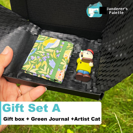Mini Art Sketchbook Set with Artist Cat Figurine | Botanical Cover Travel Journal, Gift for Artists