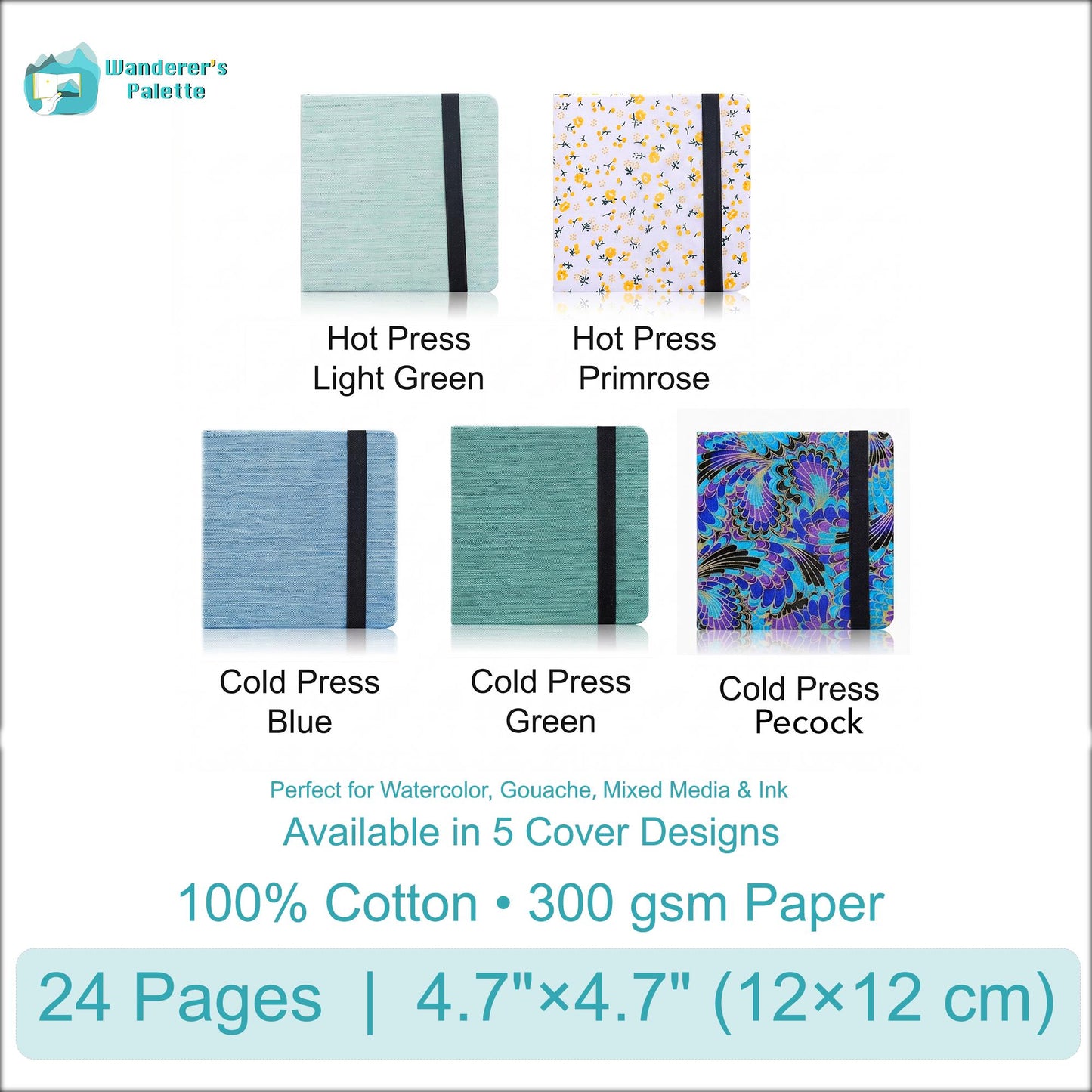 Cotton Paper Watercolor Journal | 100% Cotton 300gsm Travel Sketchbook for Painting & Plein Air, 4.7×4.7"