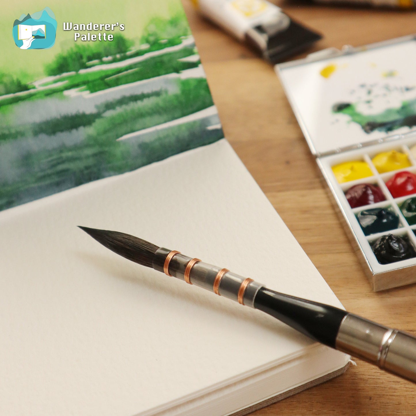 	Pos 3: Artist painting with collapsible watercolor brush - gouache ink