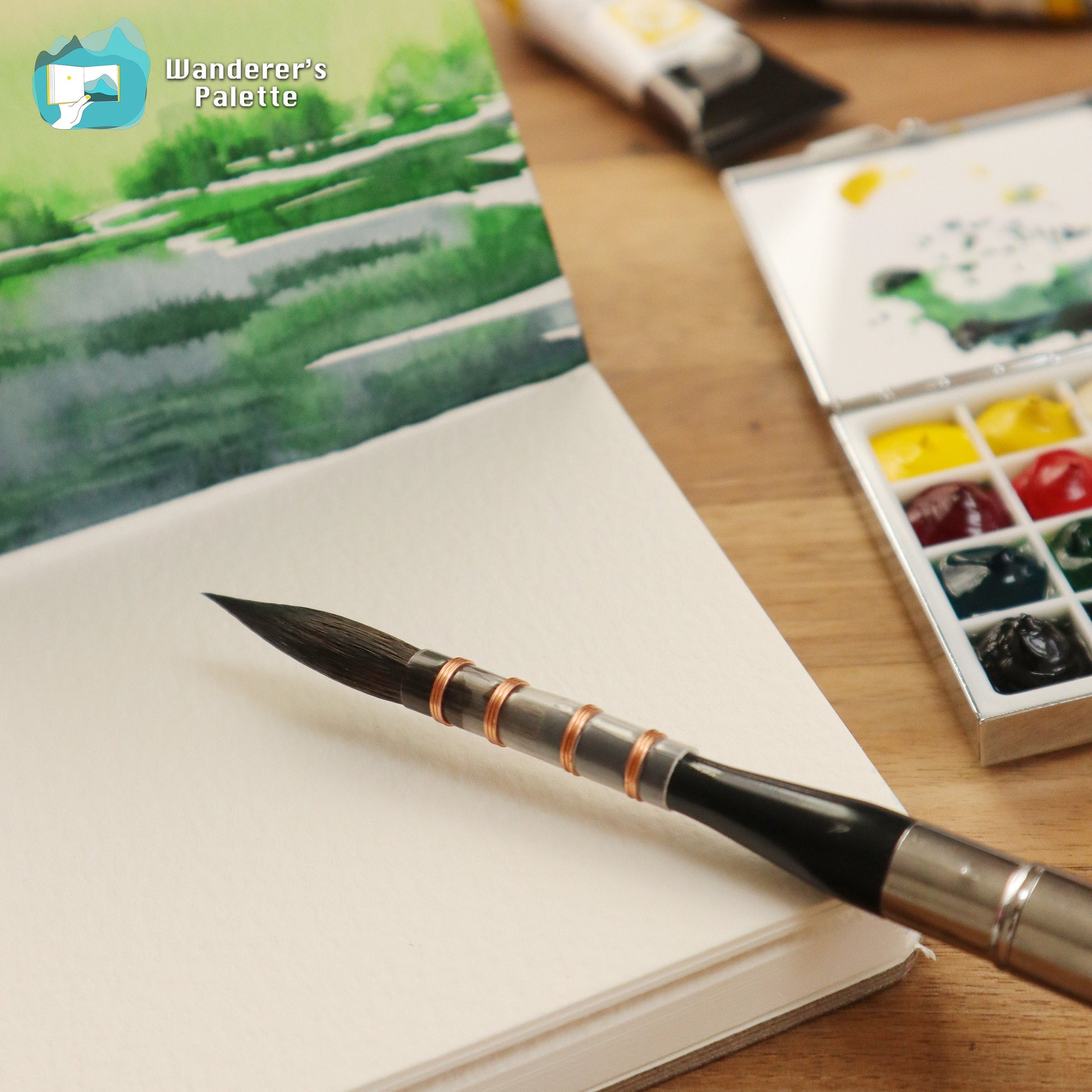 	Pos 3: Artist painting with collapsible watercolor brush - gouache ink