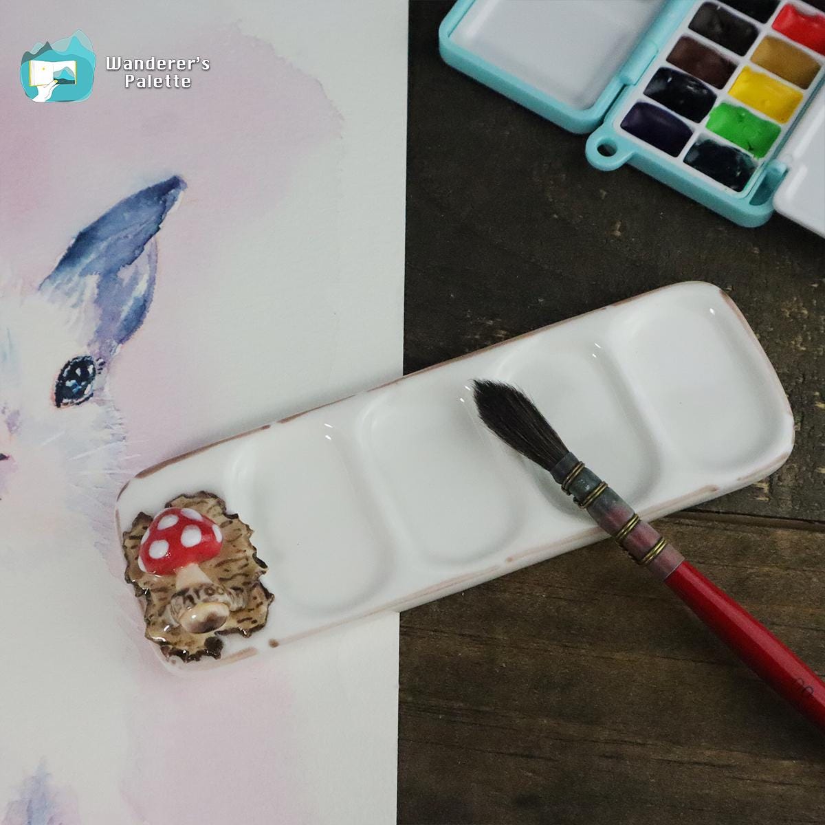 Handmade Ceramic Watercolor Mixing Palette | 5" Travel Size with Mushroom Detail, Artist Gift