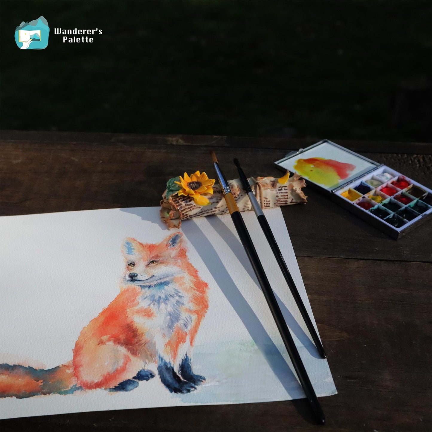 Pos 3: Artist mixing watercolors on handmade ceramic mushroom palette