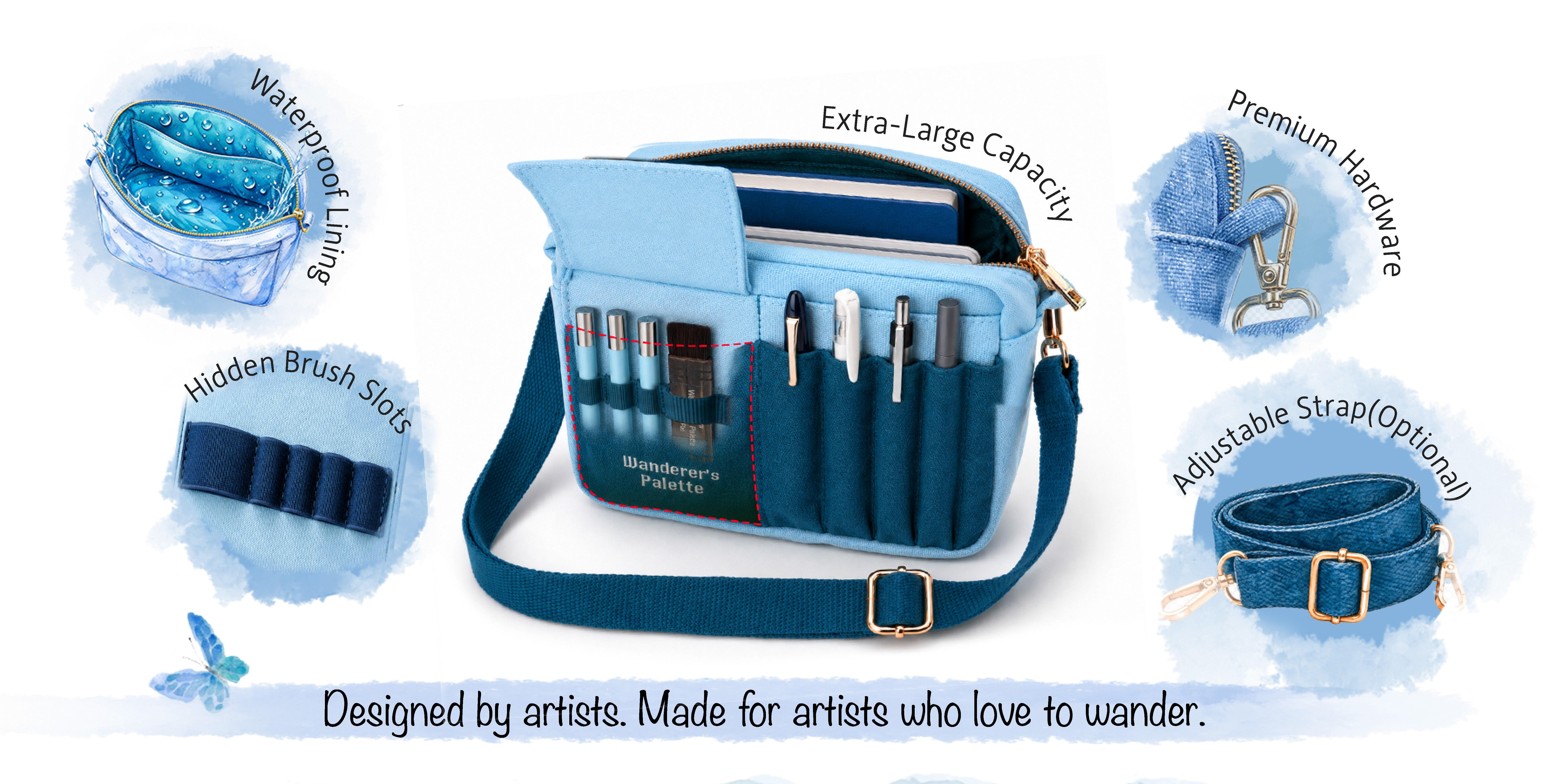 Artist's Field Bag features: waterproof lining, extra-large capacity, premium hardware, hidden brush slots, adjustable strap