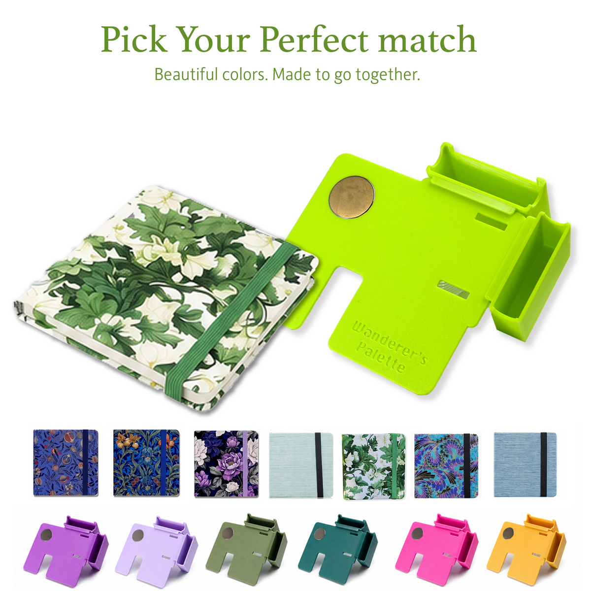 Moss Green Watercolor Travel Art Set – Pick Your Perfect Match graphic showing floral notebook with lime green magnetic stand